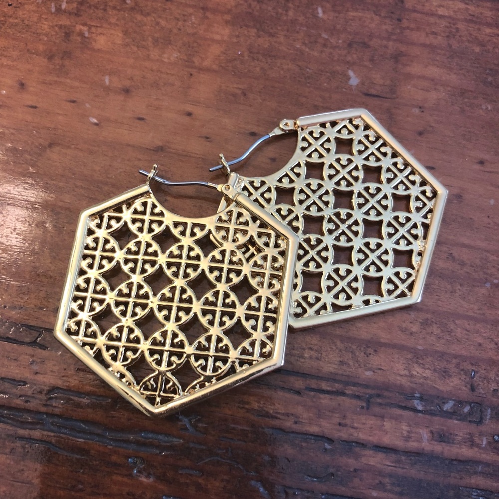 Tory Burch Gold Hexagon Perforated Hoop Earrings - Picture 2 of 8